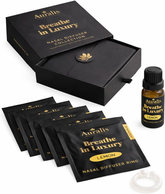 Auralis Signature Set – 10ml Essential Oil & 5 Wearable Nasal Diffuser Rings | Silicone Aromatherapy Inhaler | Portable Personal Scent System (Lemon)