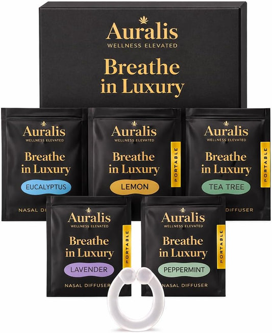 Auralis Discovery Set – Nasal Diffuser Rings for Aromatherapy | Silicone Essential Oil Inhaler | 5 Scents: Eucalyptus, Lavender, Peppermint, Lemon & Tea Tree | Calm & Focus