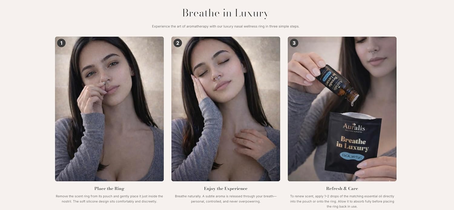 Auralis Essential Refill – 5 Wearable Nasal Diffuser Rings | Silicone Aromatherapy Inhaler Replacement Pack (Eucalyptus)